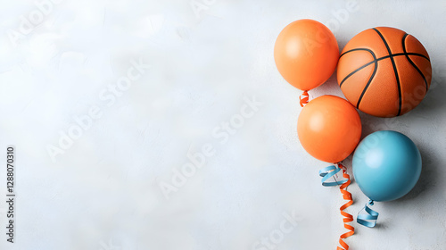 Orange and Blue Balloons with Basketball on White Textured Background