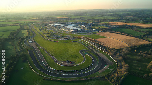 British Grand Prix Circuit View: Silverstone Race Track Layout from Above with Straightaways, Corners, and Paddock Areas