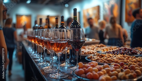 Wine tasting event with appetizers in an art gallery setting