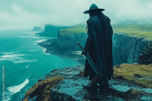 Warrior gazes over the ocean from a cliff under a cloudy sky in a remote landscape photo