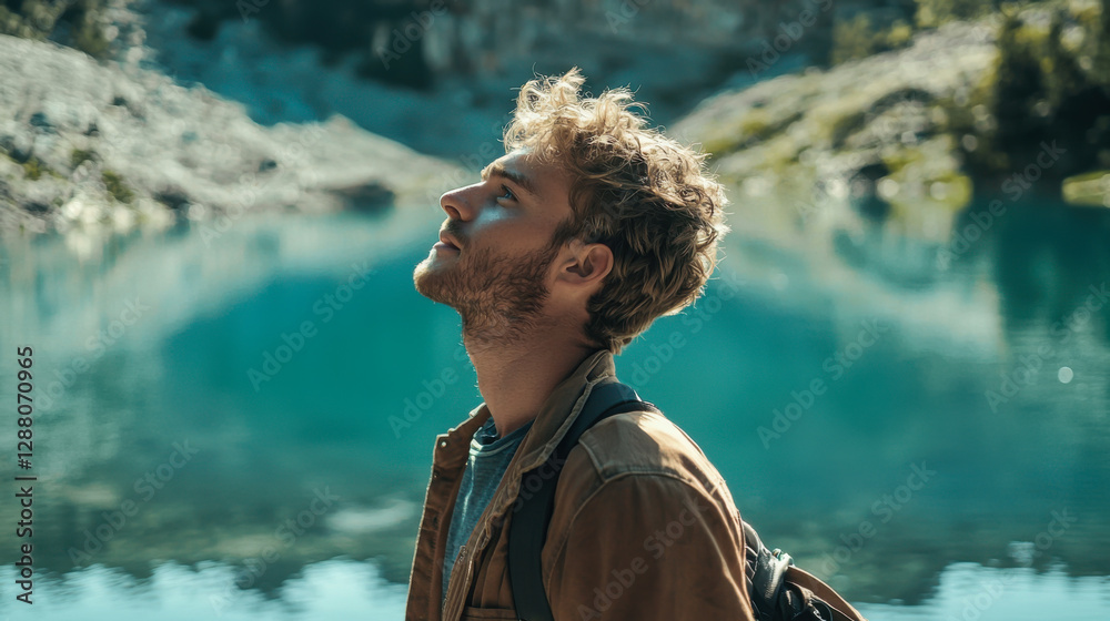 Naklejka premium Young man gazes thoughtfully at serene mountain lake during a sunny day in nature