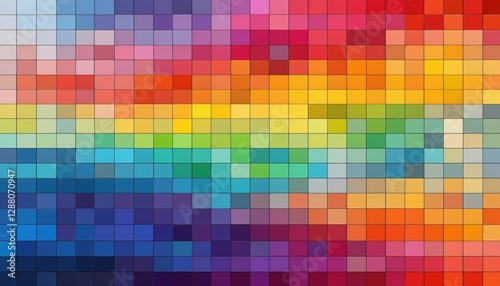 A vibrant abstract mosaic of color blocks in warm and cool tones, creating a visually striking and dynamic composition.