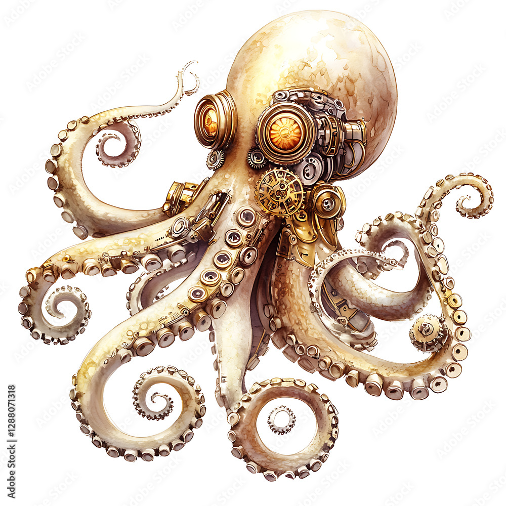 Obraz premium Steampunk Octopus: Detailed Gold and White Mechanical Creature with Intricate Tentacles
