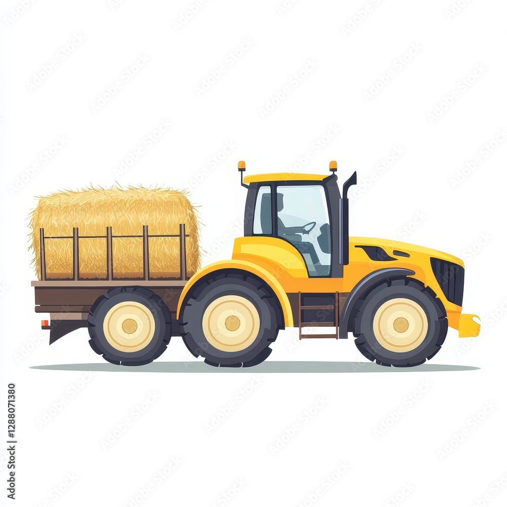 Yellow Tractor Hauling Hay Bale on White Background Yellow Tractor Hauling Hay Bale on White Background