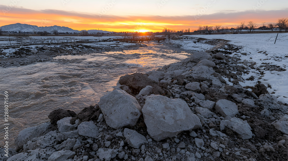 Fototapeta premium Sunset over snowy river; rocks in foreground; mountains in distance