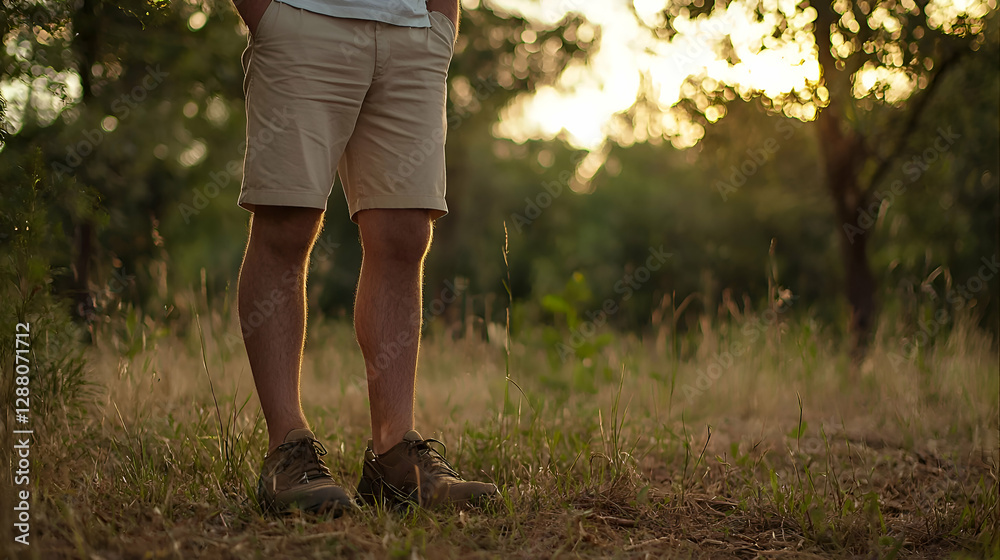 Man in Khaki Shorts Standing in a Field at Sunset Man in Khaki Shorts Standing in a Field at Sunset