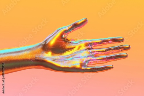 A holographic hand composed of liquid metal in three dimensions is displayed in a purple and blue hue