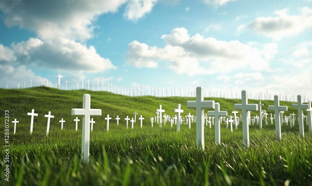 Obraz premium Graveyard with White Crosses in Lush Green Field Under Blue Sky