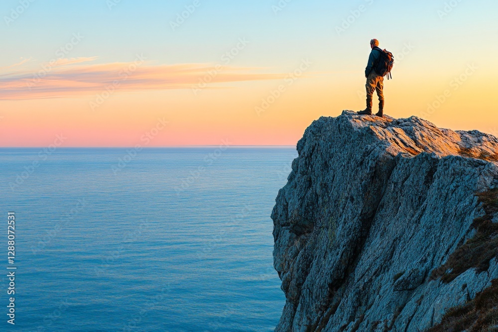 Hiker stands on cliff edge overlooking vast ocean during colorful sunset Hiker stands on cliff edge overlooking vast ocean during colorful sunset