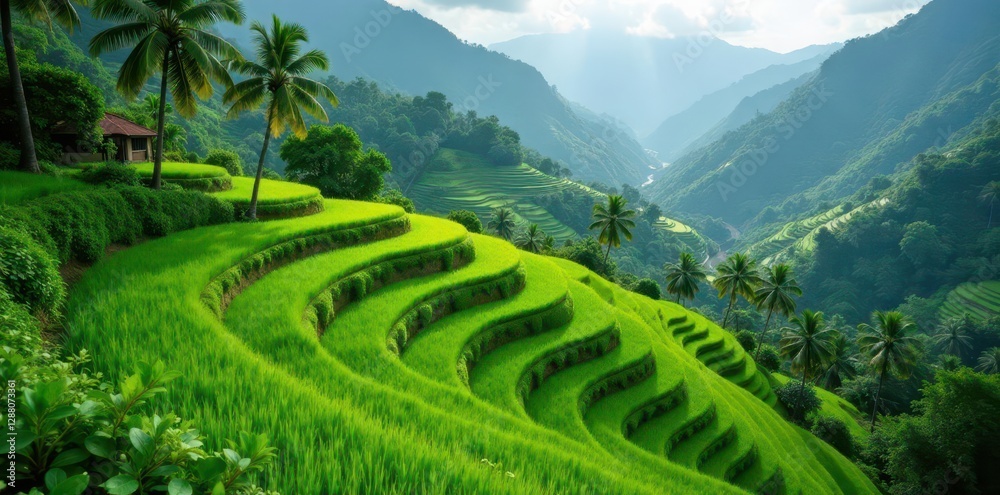 Obraz premium Emerald rice terraces cascade down, lush jungle backdrop, palm trees sway , irrigation, landscape