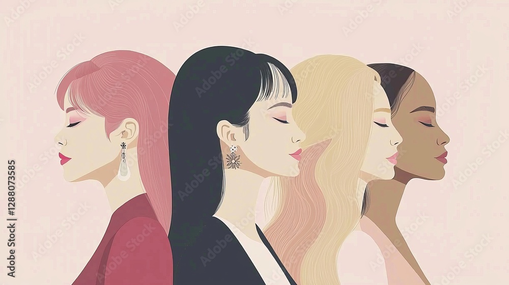 Unity in Diversity: Multiracial and multi-generational female profiles standing together in silhouette, a flat style illustration for the feminism movement Unity in Diversity: Multiracial and multi-generational female profiles standing together in silhouette, a flat style illustration for the feminism movement