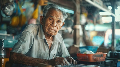 Wallpaper Mural Old Thai people install solar cells on the roof Male engineer quality control solar panel industry telephoto lens realistic bright-dark contrast lighting Torontodigital.ca