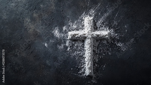 Ash Wednesday: A Symbolic Cross Formed by White Ash. Spiritual, religious, Lent, Christian, faith, hope, devotion, repentance, sacrifice, somber,     
