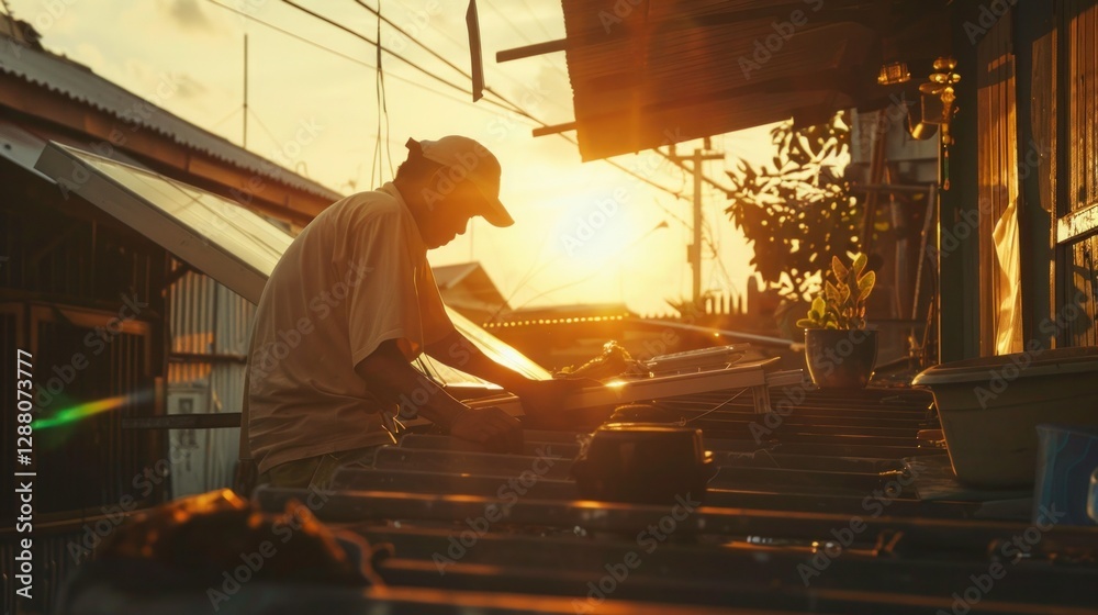 Fototapeta premium Old Thai people install solar cells on the roof Male engineer quality control solar panel industry telephoto lens realistic bright-dark contrast lighting