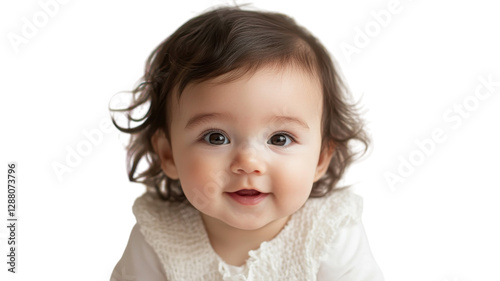 Obraz na płótnie Cute baby girl with curly hair smiling brightly in a soft white outfit indoors w salonie