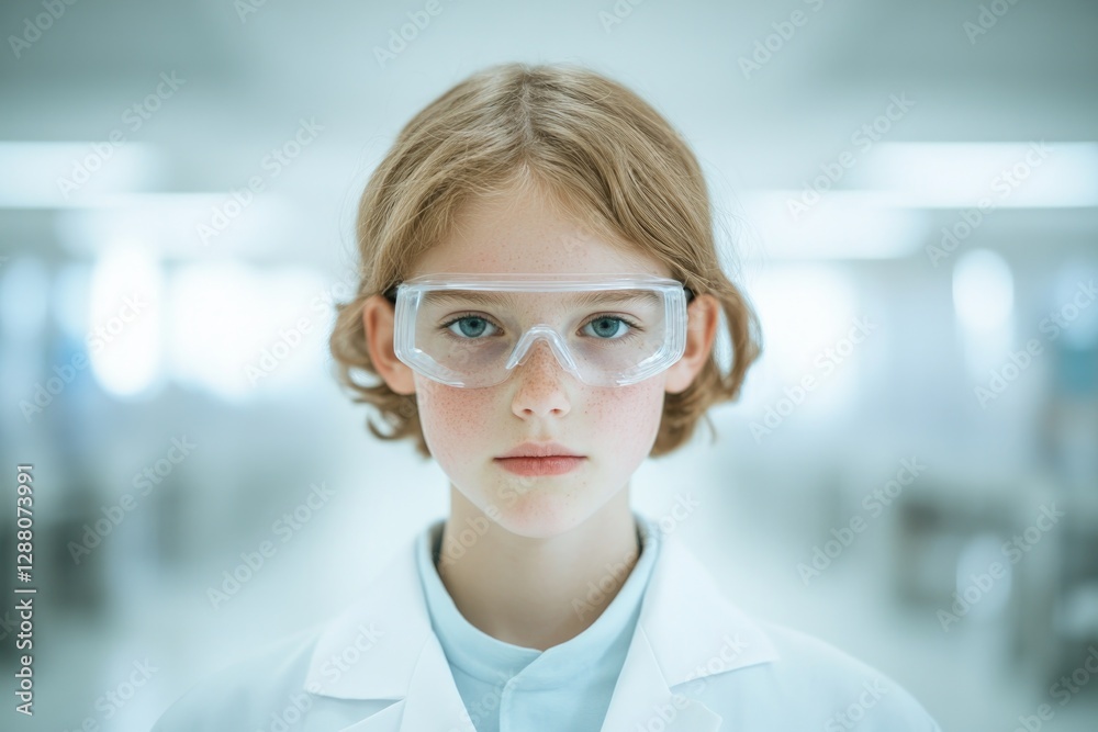 Fototapeta premium Young scientist focuses intently, wearing protective eyewear in