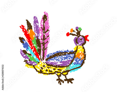 Crazy peacock. Tropical fantastic doodle vibrant funny bird. Crayon like kid`s hand drawn bright colorful jungle flying character. Vector pastel chalk or pencil childlike simple cartoon naive art