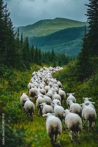 Sheep herd mountain path, green hills