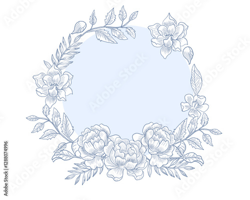 Hand Drawn Rose Flower and Leaves Line Art Wreath