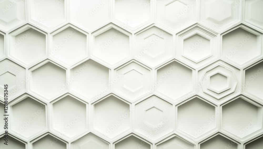 Fototapeta premium A white geometric hexagonal honeycomb shape serves as a textured background with 3D copy space
