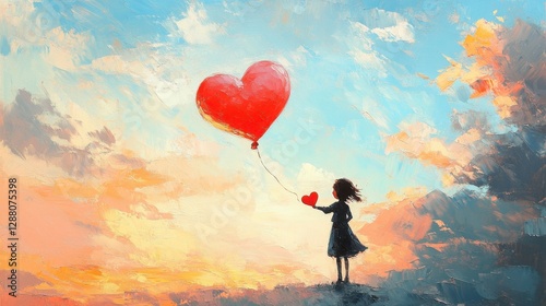 water color painting of a child holding a red heart while gently floating a giant red heart balloon in the air against a clear blue sky background