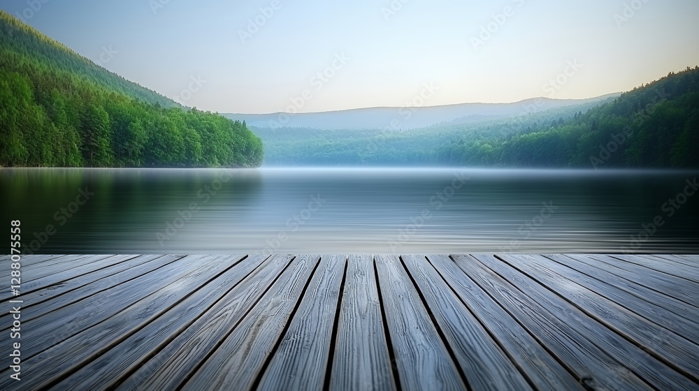 Fototapeta premium Calm Lake Morning Mist Rolling Hills Peaceful Nature Scenery
