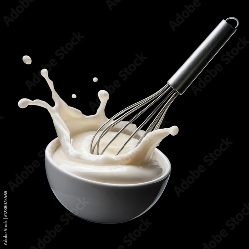 a splash of cream, stirred with a whisk in a bowl floating in the air, isolated on solid black background
