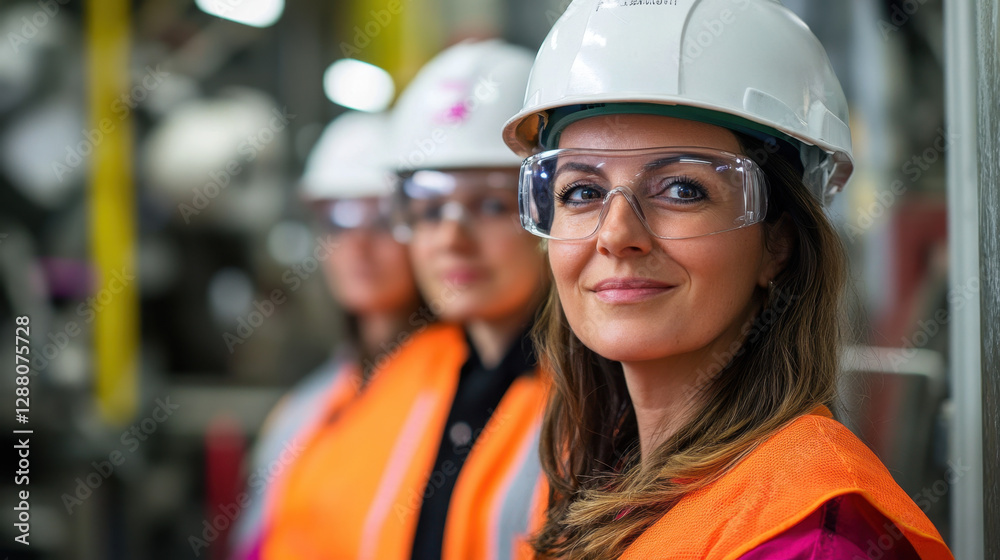A group of engineers, including a woman in a hard hat, discuss safety measures in a power plant environment during training A group of engineers, including a woman in a hard hat, discuss safety measures in a power plant environment during training
