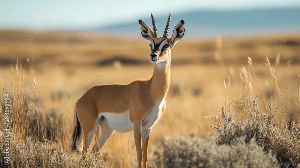 Fototapeta premium Stunning antelope gazelle in golden african savanna grassland dry sun wild heat brown white horns