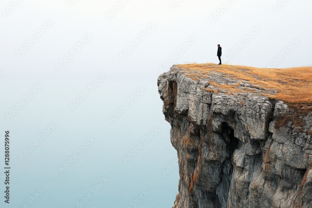 Fototapeta premium Person standing on rocky cliff edge overlooking calm ocean during foggy weather at dawn