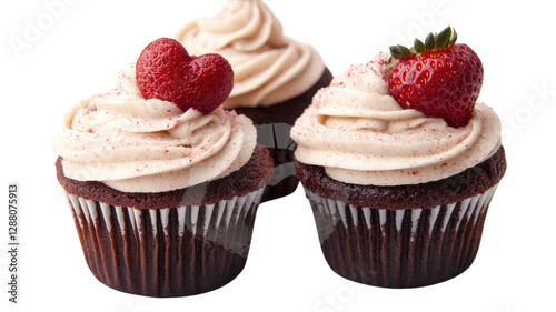 Delicious chocolate cupcakes with strawberry and heart-shaped decoration on top ready for a sweet celebration