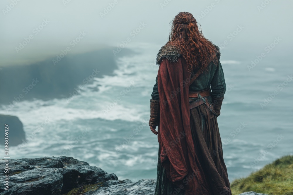 Warrior gazes at misty ocean from rugged cliffs during early morning light in a dramatic landscape Warrior gazes at misty ocean from rugged cliffs during early morning light in a dramatic landscape