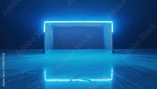Neon-lit hockey net on an ice rink. The vibrant blue light creates a dramatic and futuristic atmosphere. Perfect for sports-themed designs.