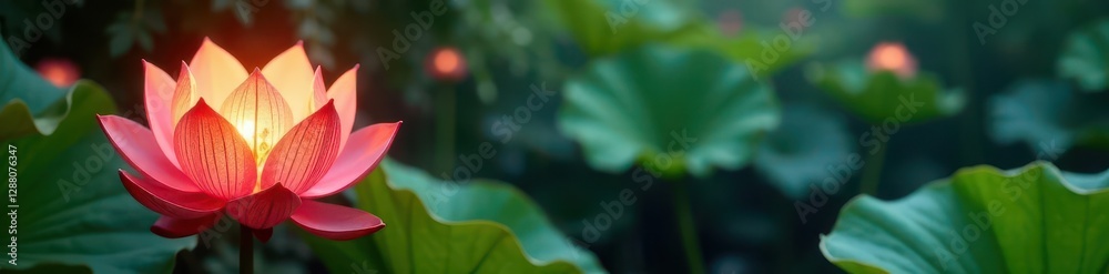Intricate design of a lotus lantern with golden details and soft lighting amidst lush greenery, chinese garden, nature Intricate design of a lotus lantern with golden details and soft lighting amidst lush greenery, chinese garden, nature