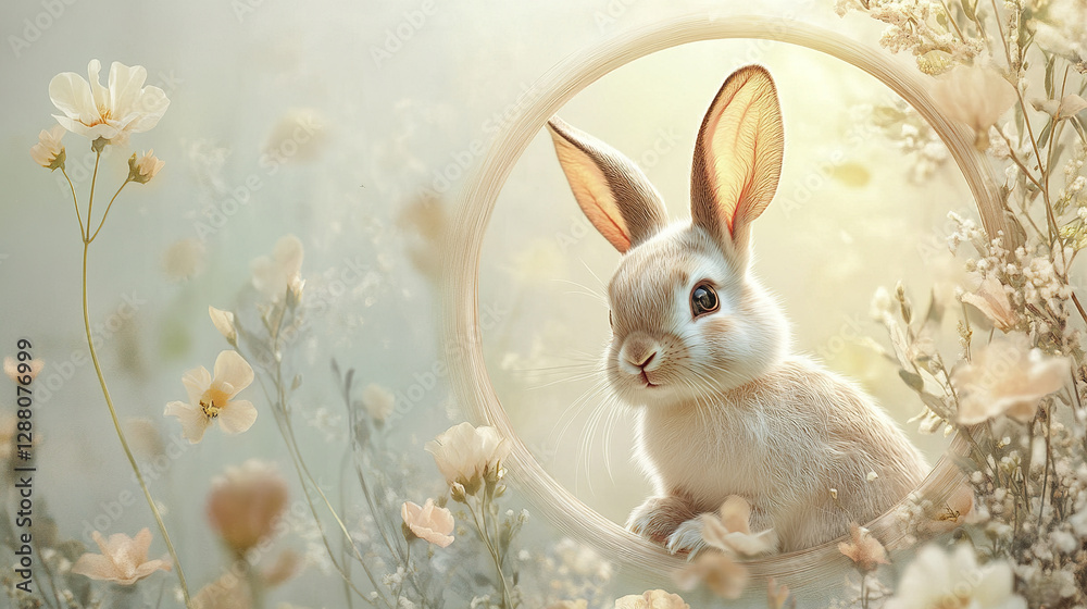 playful rabbit curiously peeks through circular opening playful rabbit curiously peeks through circular opening
