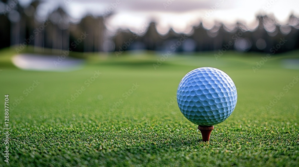 Golf ball on tee, green, with fairway background for training, sports, leisure Golf ball on tee, green, with fairway background for training, sports, leisure