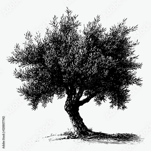 a vintage black and white vector very detailed of olive tree isolated on white background