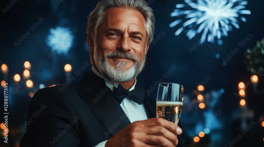 Man in a suit holding a champagne glass with a smile on his face. Concept of celebration and happiness