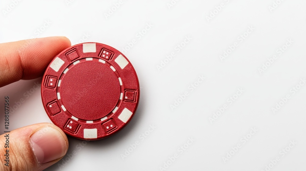 Hand Holding a Red Poker Chip on a White Background for Gambling and Casino Themes Hand Holding a Red Poker Chip on a White Background for Gambling and Casino Themes