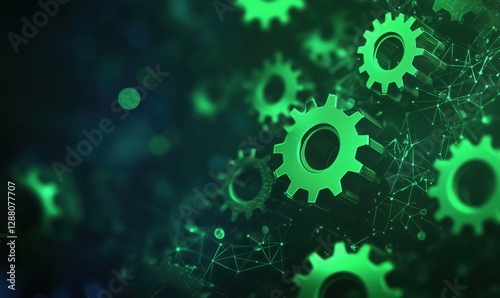 Green gears on digital background representing technology and innovation
