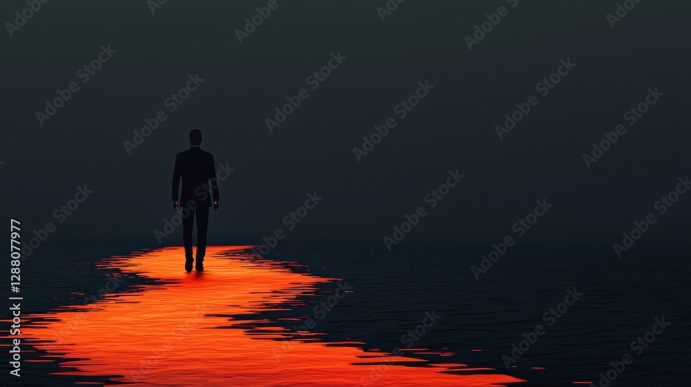 A solitary figure walks along a glowing orange path, surrounded by darkness, creating a surreal and mysterious atmosphere. A solitary figure walks along a glowing orange path, surrounded by darkness, creating a surreal and mysterious atmosphere.