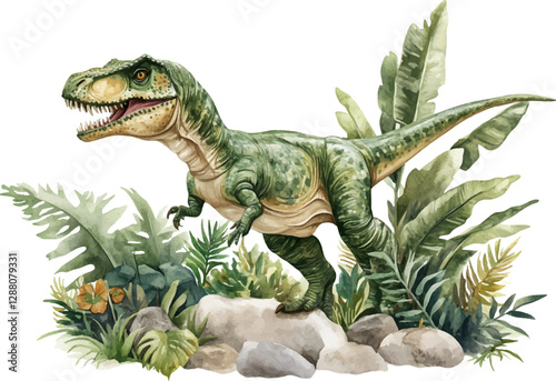 watercolor dinosaur Standing in the forest with rocks and plants Isolated on white background
