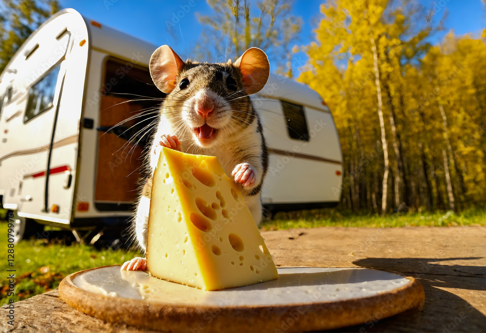 Rat eating cheese next to camping trailer rv