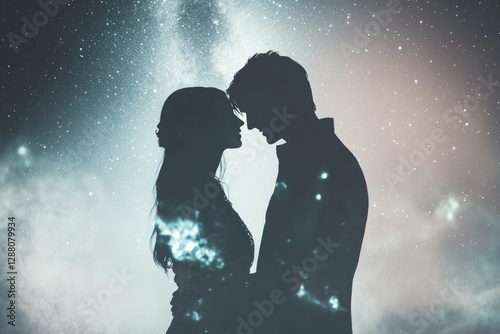 Silhouetted couple embracing under a starry night sky, symbolizing love and cosmic connection.