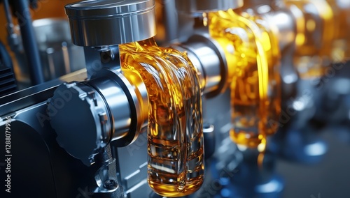 Close-up of amber engine oil flowing through metallic components.  The image showcases the viscosity and texture of the oil.