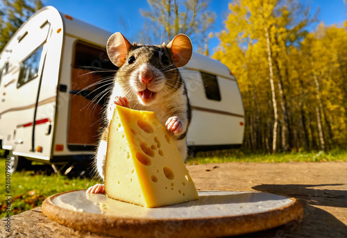 Obraz na płótnie Rat eating cheese next to camping trailer rv w salonie