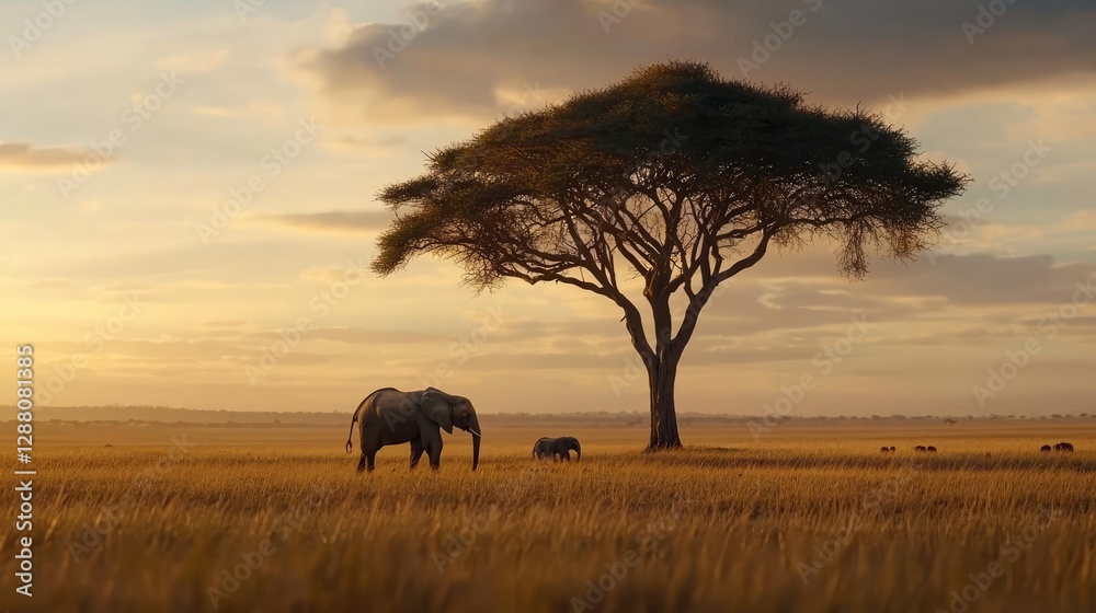 Fototapeta premium Earth day environmental idea. An elephant grazes peacefully beneath a tree on a golden savanna at sunset.