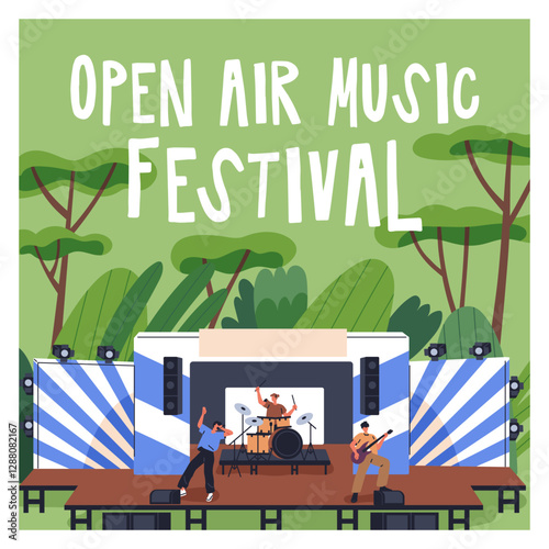 Open-air music festival card. Live band, singer and musicians performing on outdoor stage in nature, summer park. Square post design for rock concert, fest, performance. Flat vector illustration