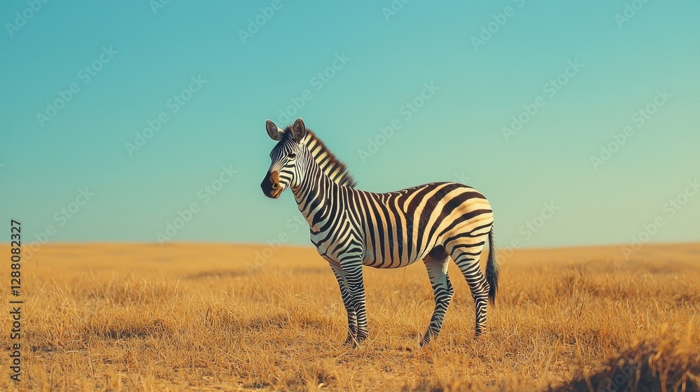 Naklejka premium Stripes in the Savannah: A Lone Zebra Under the Azure Sky