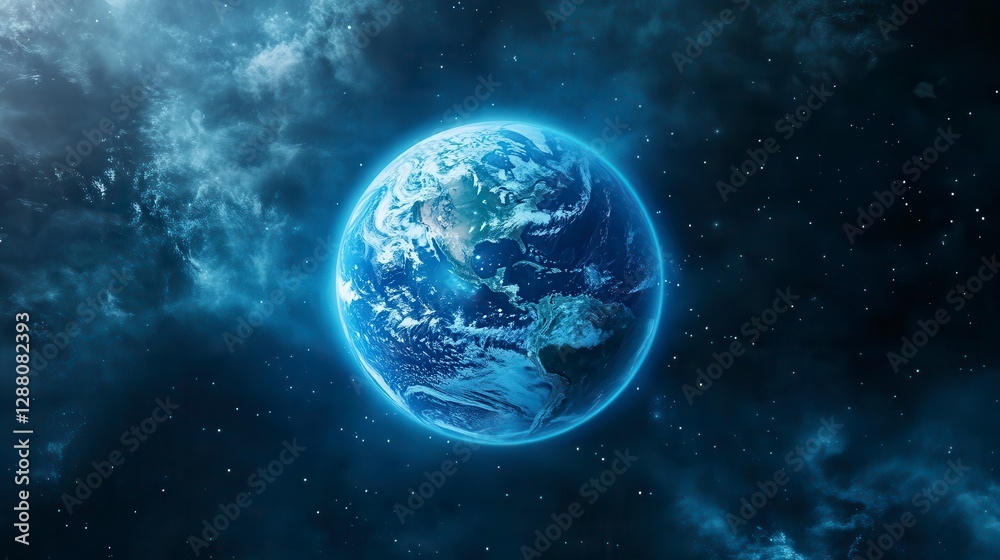 Obraz premium Glowing Blue Pixelated Earth in Dark Nebula Space